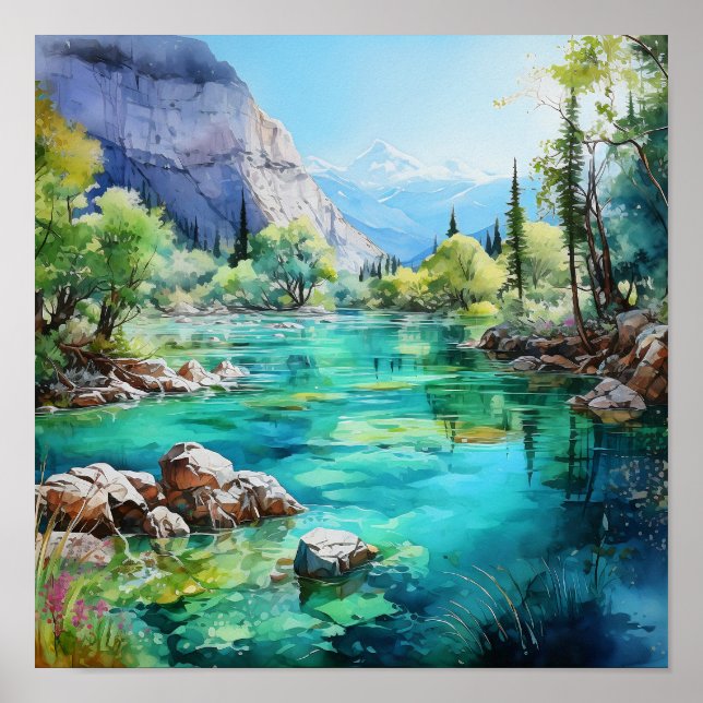 Mountain River Vivid Colours Watercolor Painting Poster (Front)
