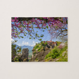mountain rock and pink cherry tree flower blossom jigsaw puzzle