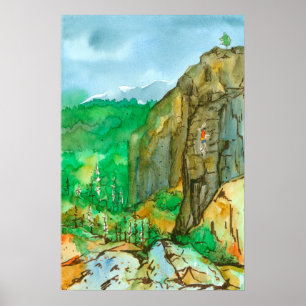 Mountain Rock Climbing Watercolor Landscape Poster