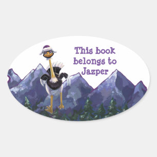 Mountain Running Ostrich Bookplate Oval Sticker