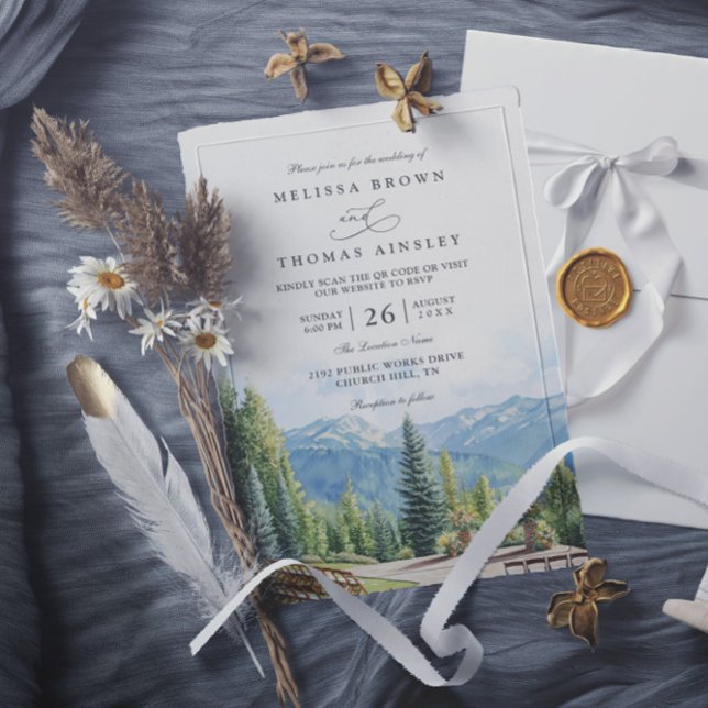 Mountain Rustic Aspen Colorado QR Code Wedding Invitation (Creator Uploaded)