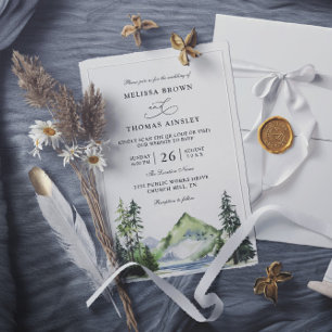 Mountain Rustic Forest Budget QR Code Wedding Invitation