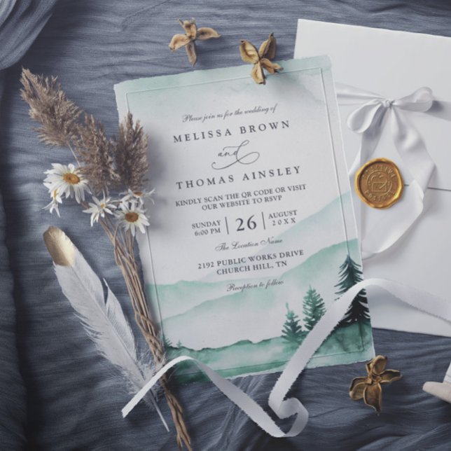 Mountain Rustic Greenery Elagant QR Code Wedding Invitation (Creator Uploaded)