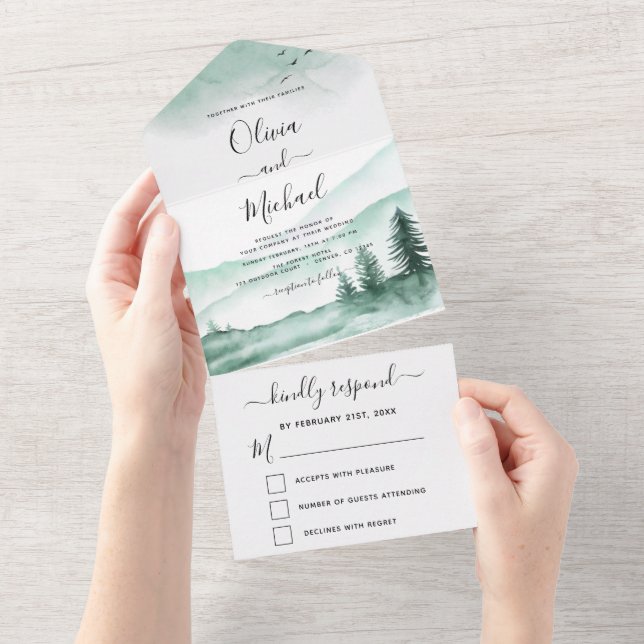 Mountain Rustic Watercolor Greenery RSVP All In One Invitation (Tearaway)