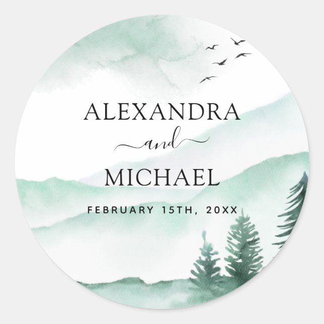 Mountain Rustic Watercolor Greenery Wedding Classic Round Sticker (Front)