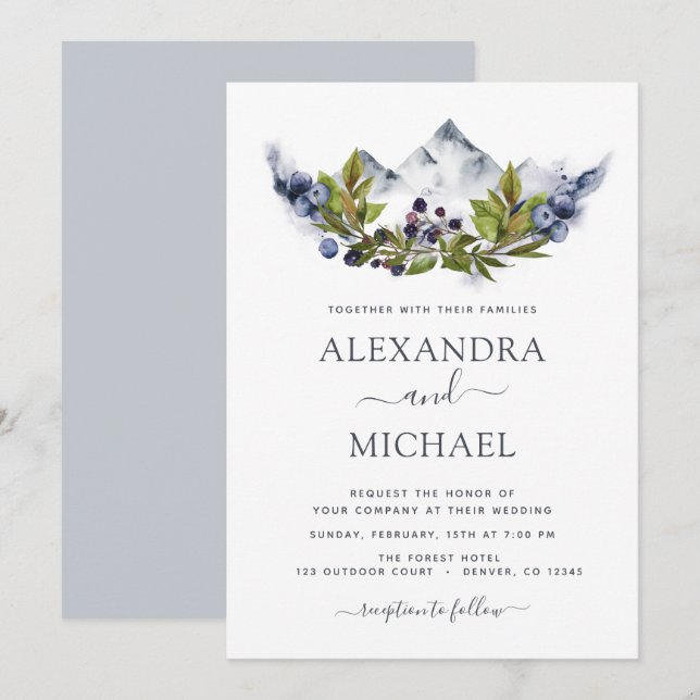 Mountain Rustic Watercolor Greenery Wedding Invitation (Front/Back)