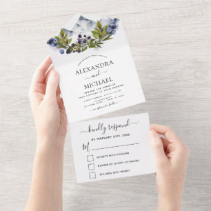 Mountain Rustic Watercolor Greenery Wedding RSVP All In One Invitation