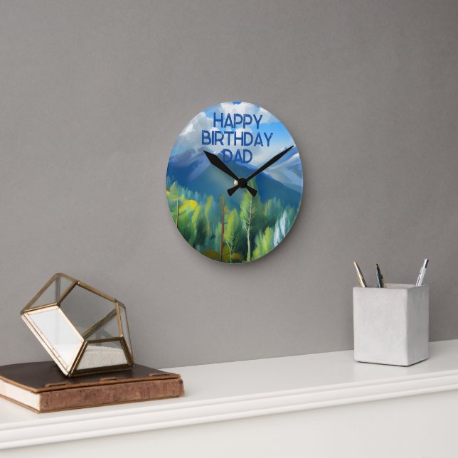 Mountain Scene Painting Happy Birthday Dad  Round Clock (Office)