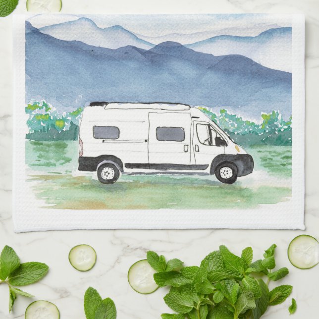 Mountain Scene Van Life Kitchen Towel White Van (Folded)