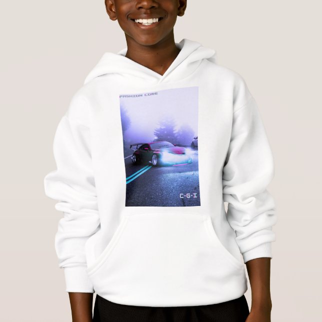 mountain side sports car on boys white sweater  (Front)
