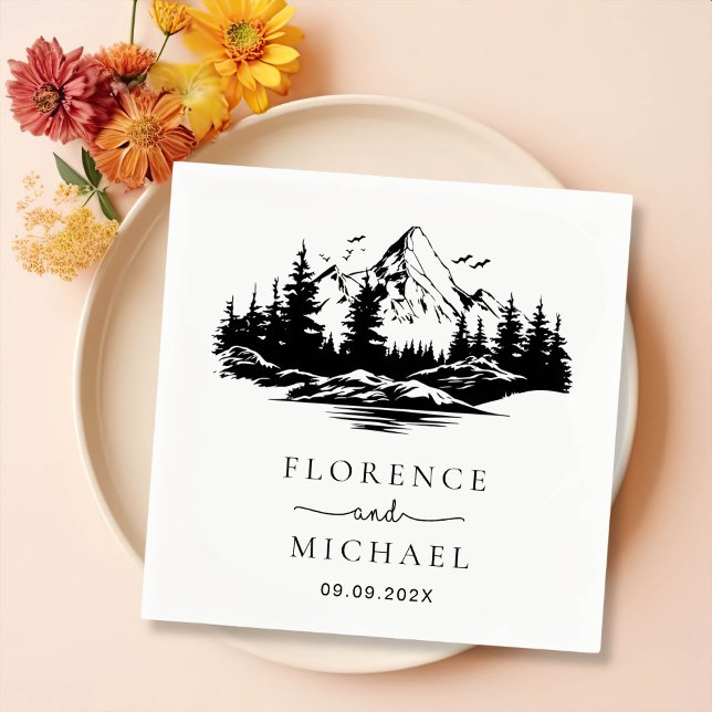 Mountain Sketch Personalised Wedding Napkin (Creator Uploaded)