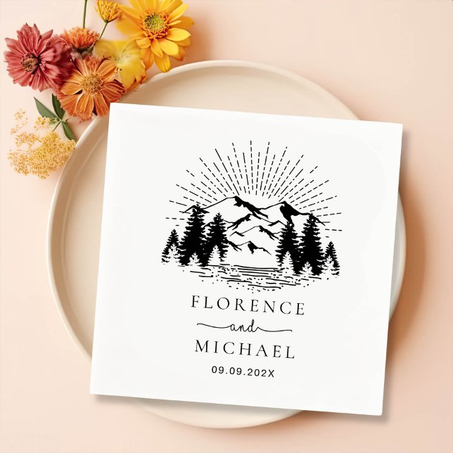 Mountain Sketch Personalised Wedding Napkin (Creator Uploaded)