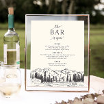 Mountain Sketch Wedding Bar Menu Sign<br><div class="desc">Invite guests to grab their favourite libation with our charming rustic wedding bar menu sign. 11x14 bar sign features a bottom border of mountain peaks, pine trees and a flowing river in a hand sketched style, with "the bar is open" in dark plummy brown. Includes three headings and three body...</div>