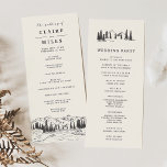 Mountain Sketch Wedding Ceremony Program Programme<br><div class="desc">Our wintry, rustic chic wedding program features your ceremony details with a sketched illustration of mountain peaks, pine trees and a flowing river along the bottom. Reverse side lists the members of your wedding party with easily editable text fields. Coordinates with our Mountain Sketch wedding invitation collection. Use the template...</div>