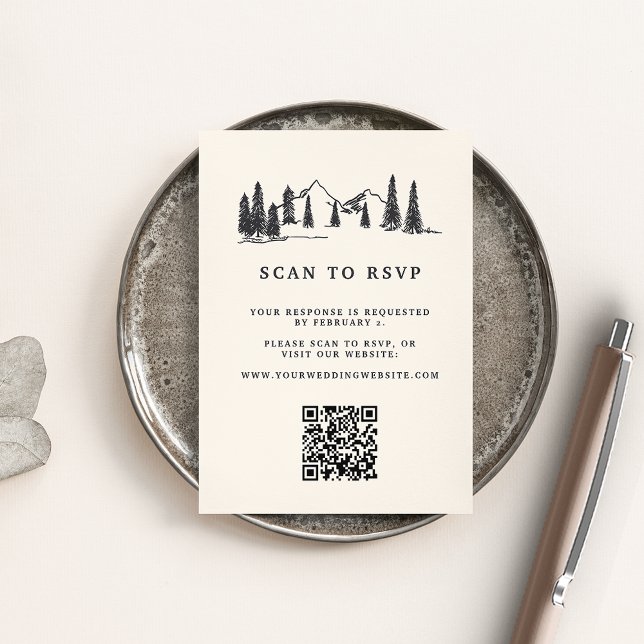 Mountain Sketch Wedding QR Code Website RSVP Enclosure Card (Creator Uploaded)
