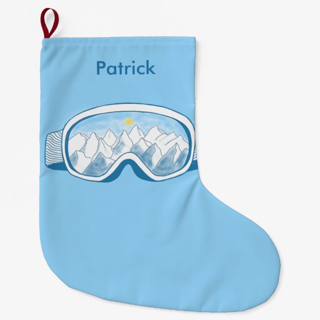 Mountain Ski Goggles Illustration Personalised Large Christmas Stocking (Front)