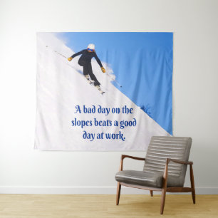 Mountain Ski Slopes Fresh Snow Fall Skiing Funny Tapestry