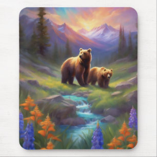 Mountain Stream Bear Wildflowers Sunrise Painting Mouse Mat