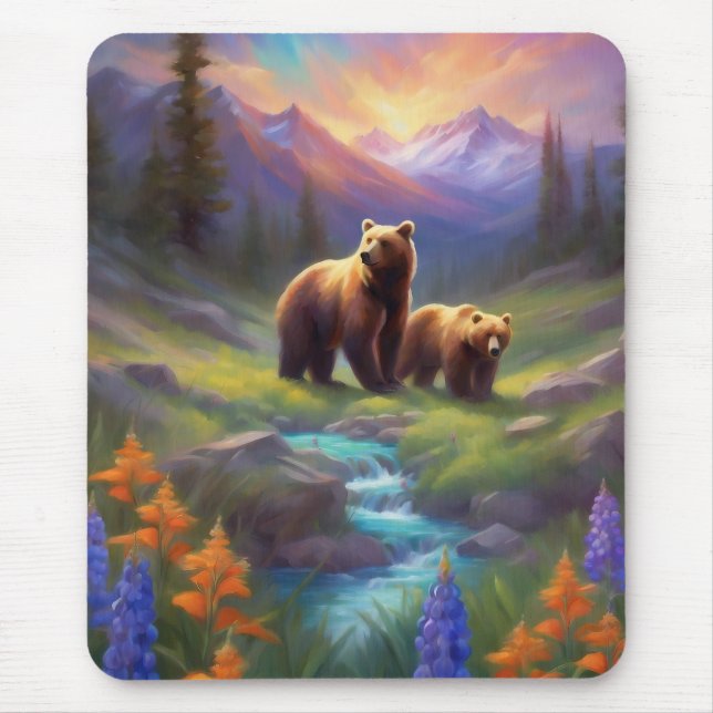 Mountain Stream Bear Wildflowers Sunrise Painting Mouse Mat (Front)