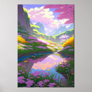 Mountain Stream, Colourful Flower-Filled Riverside Poster