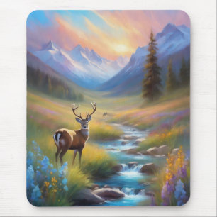Mountain Stream Deer  Wildflowers Sunrise Painting Mouse Mat