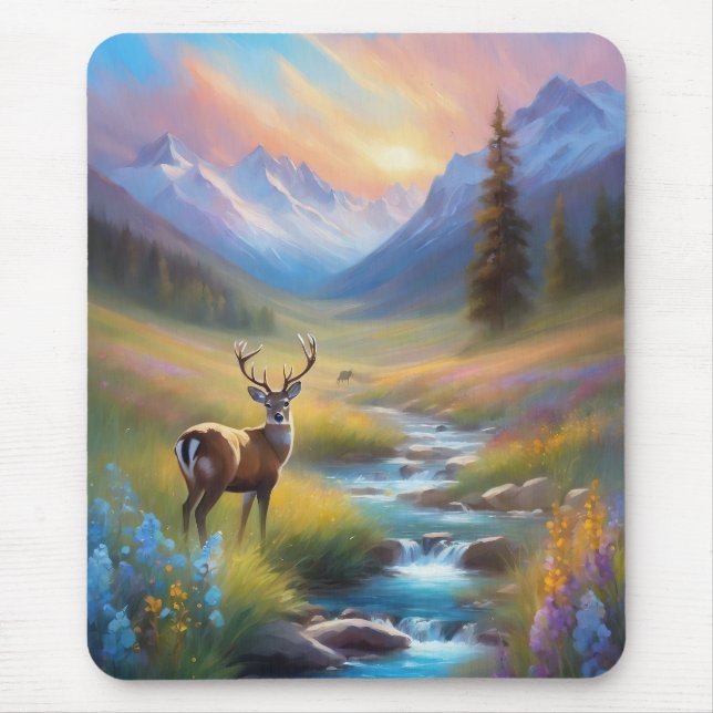 Mountain Stream Deer  Wildflowers Sunrise Painting Mouse Mat (Front)