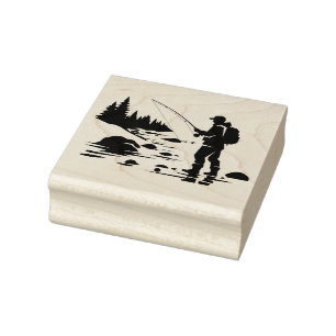 Mountain stream fly fisherman wading rubber stamp