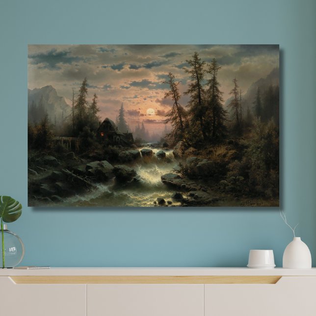 Mountain Stream in the Moonlight – Albert Rieger Canvas Print (Creator Uploaded)