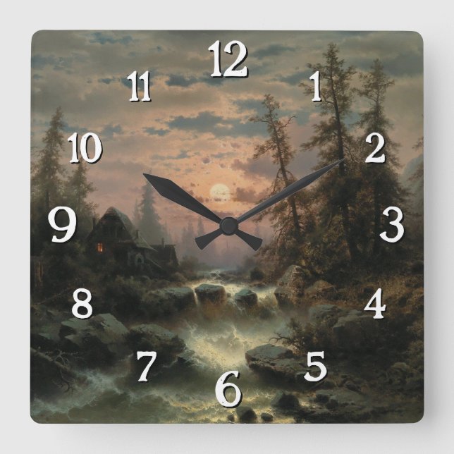 Mountain Stream in the Moonlight – Albert Rieger Square Wall Clock (Front)