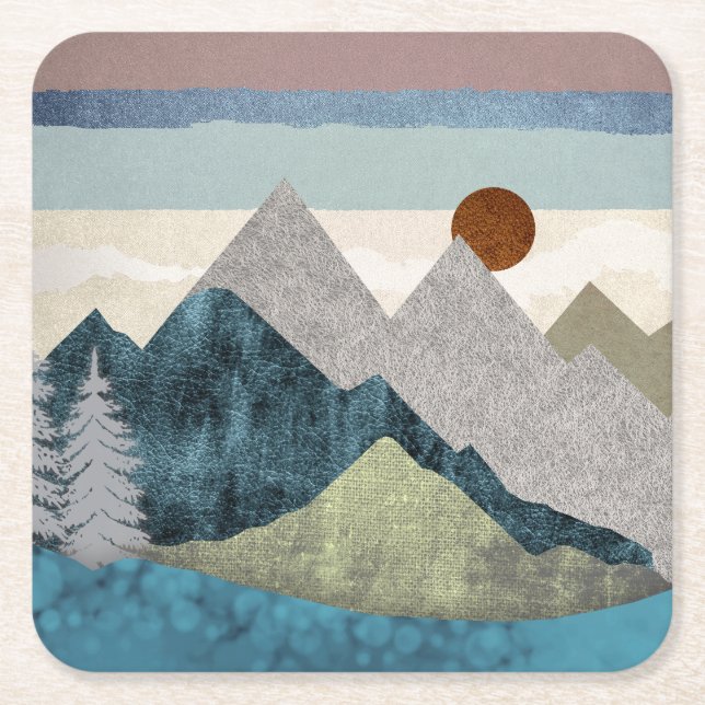 Mountain Striped Sky Square Paper Coaster (Front)