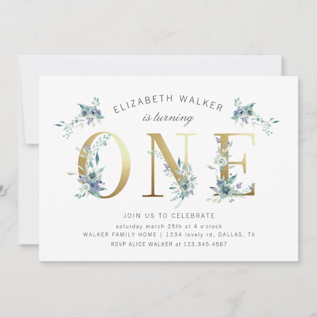 mountain summer floral first birthday invitation (Front)