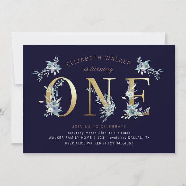 mountain summer floral first birthday invitation (Front)