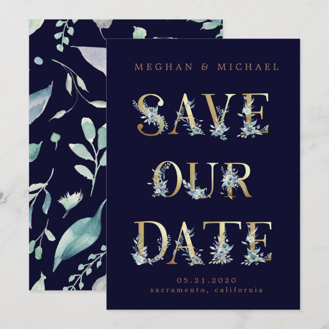 mountain summer floral gold letters Save the Date Invitation (Front/Back)