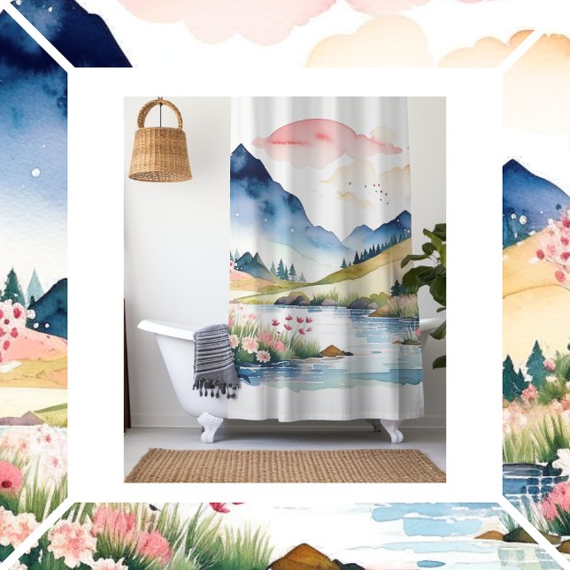 Mountain Summer Watercolor Shower Curtain (Creator Uploaded)