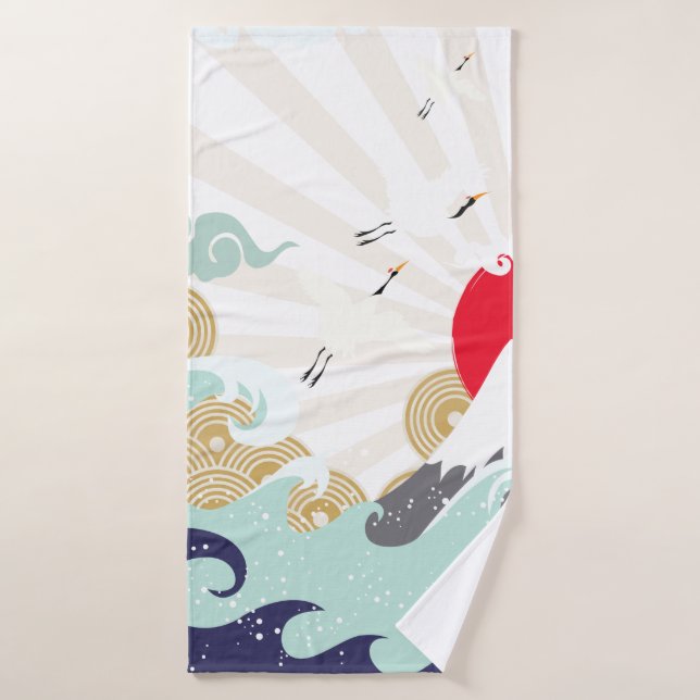 mountain sun japanese illustration bath towel (Bath Towel)