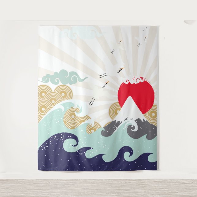 mountain sun japanese illustration tapestry (Front)