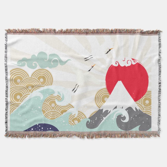 mountain sun japanese illustration throw blanket (Front)