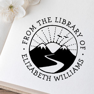 Mountain sunrise from the library of book add name self-inking stamp