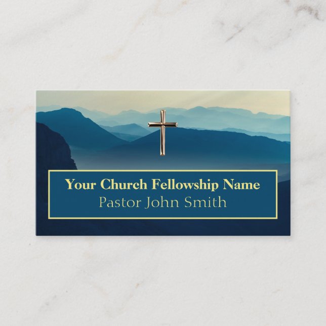 Mountain Sunrise Gold Cross Church Business Cards (Front)