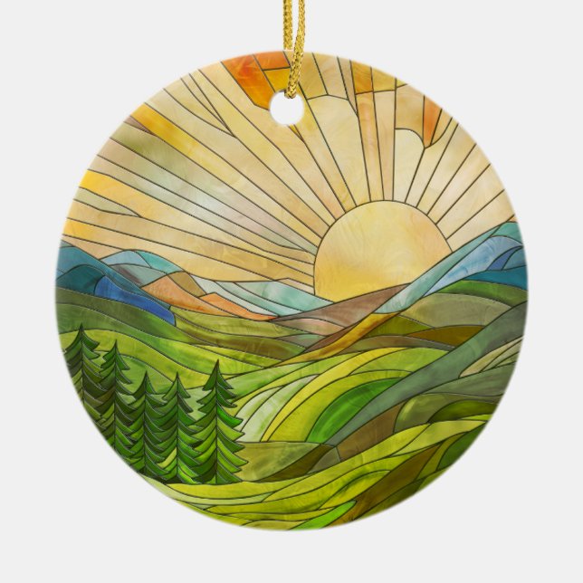 Mountain Sunrise Mosaic Digital Art Ceramic Tree Decoration (Front)
