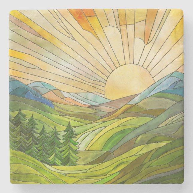 Mountain Sunrise Mosaic Digital Art Stone Coaster (Front)