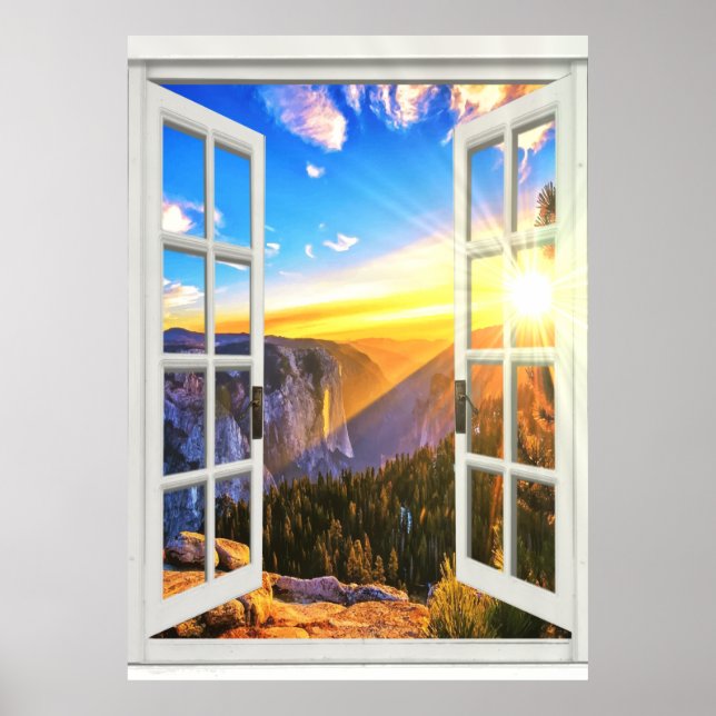Mountain Sunrise View Trompe l'oeil Faux Window Poster (Front)