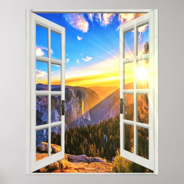 Mountain Sunrise View Trompe l'oeil Faux Window Poster (Front)
