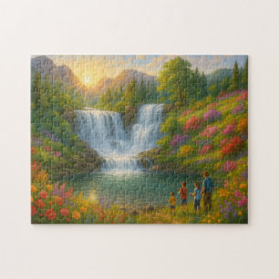 Mountain Sunrise Waterfall Puzzle – Family Fishing