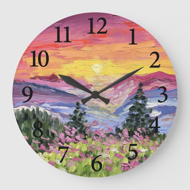 Mountain Sunrise with Wildflowers Large Clock (Front)
