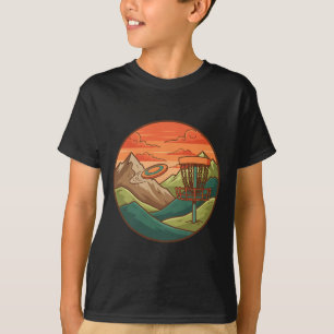 Mountain Sunset Disc Golf Basket Flying Disc Scene T-Shirt