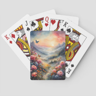 Mountain Sunset, Flowers and Butterflies Playing Cards