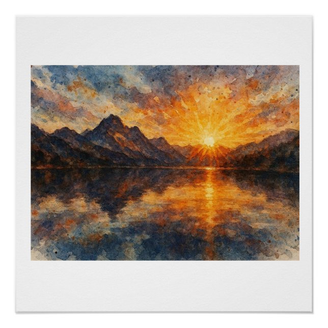 Mountain Sunset Over Lake,  Poster (Front)