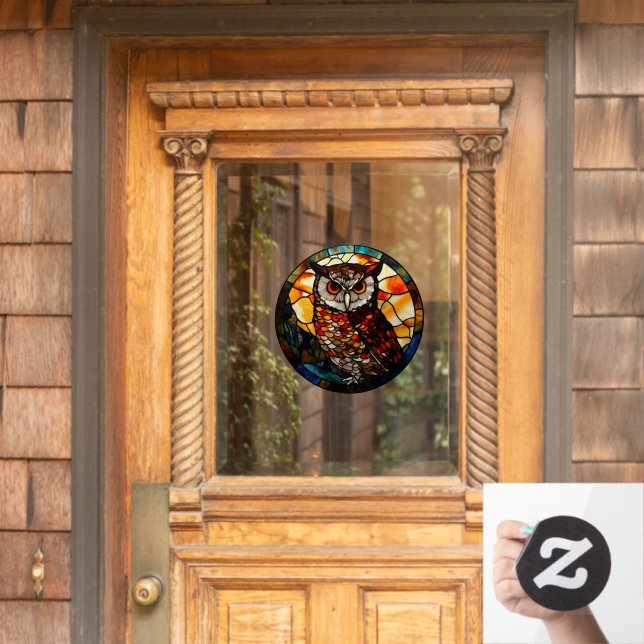 Mountain Sunset Owl Faux Stained Glass Window Cling (Home Door)