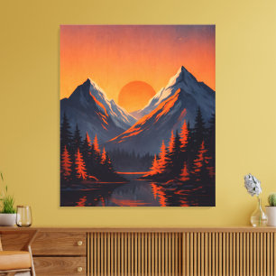 Mountain Sunset Reflection Fiery Orange Sky Canvas Print